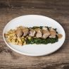 Mignon of pork with spinach and hash browns in a pepper sauce